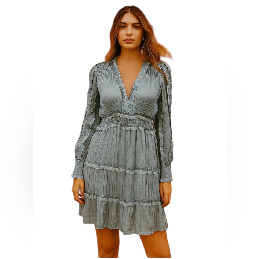 OPT TUCKERNUCK TIANNA TIERED RUFFLED LONG SLEEVE GRAY-SAGE GREEN SATIN DRESS XL